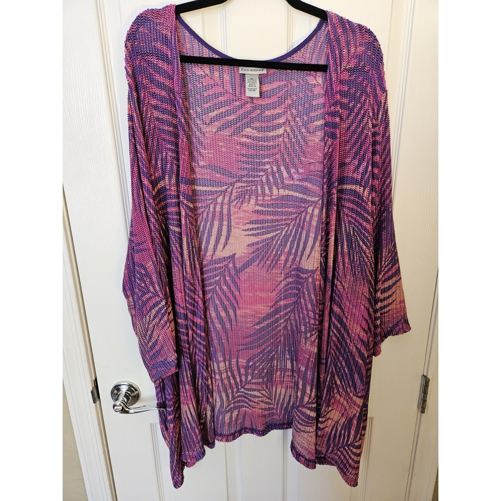 Catherines Open Front Leaf Print Cover-Up Knit LS Knit Cardigan, Plus 5X